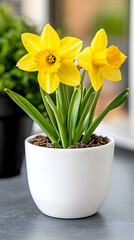 Two vibrant yellow daffodils in a white pot