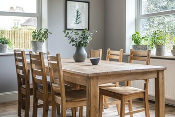 Obraz premium Rustic wooden dining table with six chairs in bright kitchen.