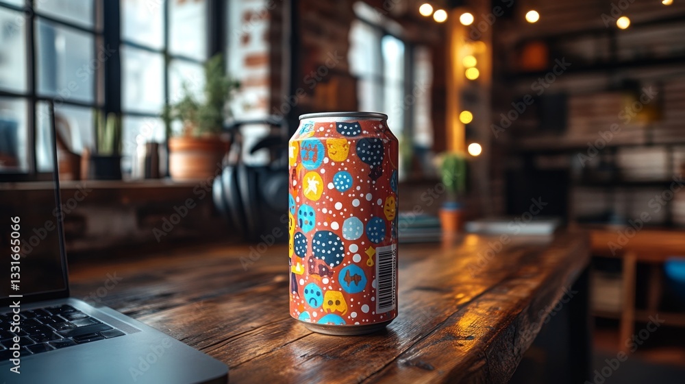Poster a vibrant, patterned beverage can is set on a rustic wooden table next to a laptop in a cozy cafe. s