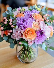 Vibrant bouquet of pastel roses, dahlias, and greenery in a clear vase