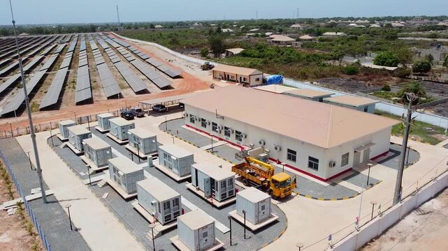 Aerial view of Lithium-ion phosphate Battery Energy Storage System at electrical power utility solar farm