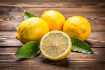 Fresh lemons with green leaves on wooden surface, vibrant and juicy