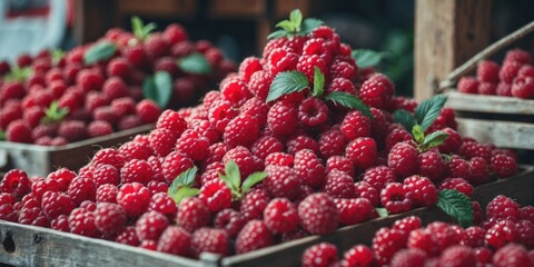 Freshly harvested raspberries piled high in wooden crates at a market during the summer season