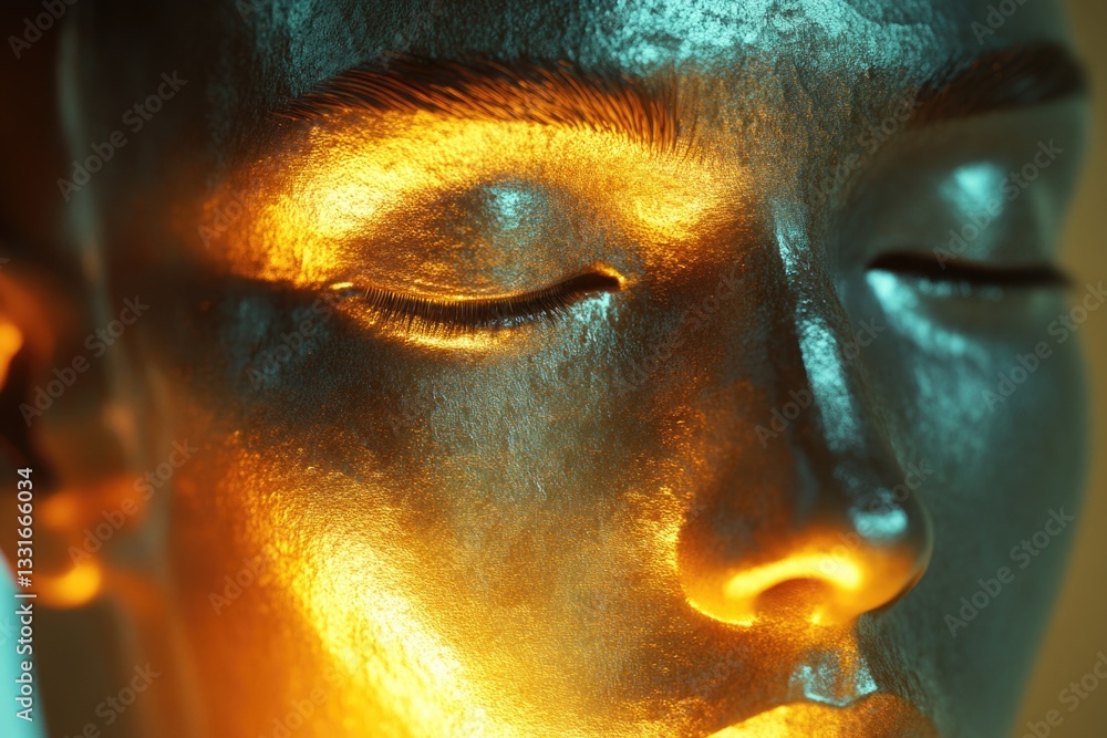 Poster a detailed view of a stone or metal sculpture depicting a human face, perfect for use in editorial o