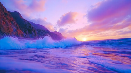 Naklejka premium Vibrant sunset over a dramatic coastline. Waves crash on the shore