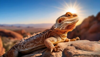 Fototapeta premium Bearded dragon resting on warm rock, spiky beard puffed, detailed scales, reptile basking in natural light. 