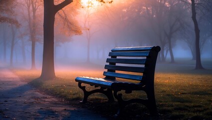 Fototapeta premium Serene autumn morning on a foggy park bench