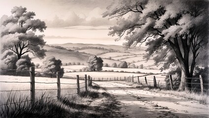 Serene rural landscape with fence and distant hills