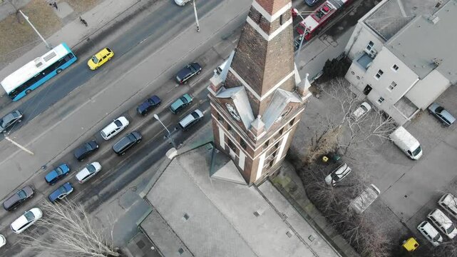 St.Teresa of Lisieux church in Budapest, Hungary. Aerial top-down ascending
