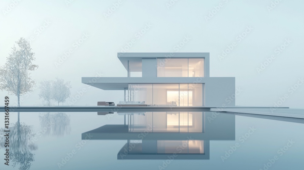Poster modern architectural design with serene reflection.