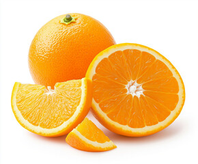 Fototapeta premium A Fresh Whole Orange and a Juicy Slice Isolated on a White Background, Captured in Studio Lighting with Vibrant Orange Color in High-Quality PNG Format