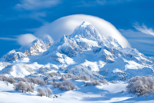 Winter mountain peak covered in snow and clouds