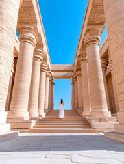 Woman in white dress ascending ancient stone temple