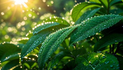 Obraz premium Sparkling dew drops on lush green leaves