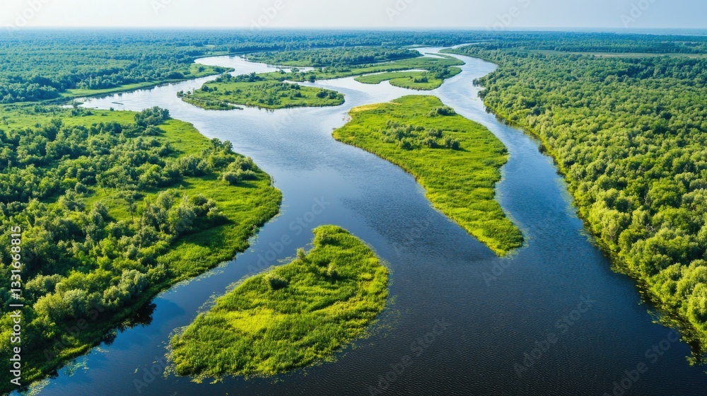 Poster a serene and tranquil scene of a river flowing through a dense and vibrant green forest, perfect for