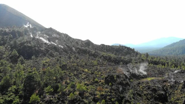 DRONE SHOT OVER DRIED LAVA FIELDS AT PARICUTIN VOLCANO
