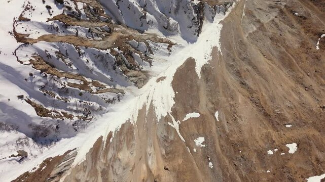 Erosion gully above Sedrun in the Swiss Alps. Flyover in winter towards Piz Medel, part 2 of 2