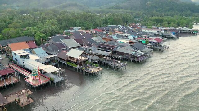 Koh Lanta, Thailand: Aerial drone footage of the Koh Lanta historic old town by the Andaman sea in southern Thailand, famous for its Chinese temple on a stilt house. 