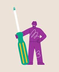 Woman holding a big screwdriver. Colorful vector illustration