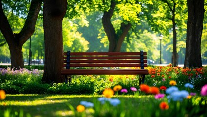 Naklejka premium Sunny park bench amidst lush greenery and flowers