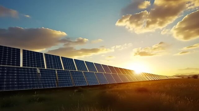Solar panels lined up in a vast field during sunset, capturing renewable energy in a serene landscape
