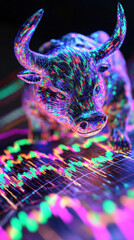 vibrant bull sculpture in colorful virtual reality setting, showcasing dynamic patterns