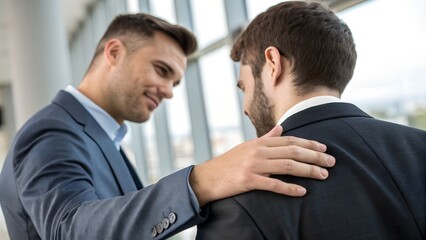 A professional businessman placing a reassuring hand on a colleague's shoulder, offering support and encouragement in a corporate office setting. A concept of leadership, empathy, and teamwork.

