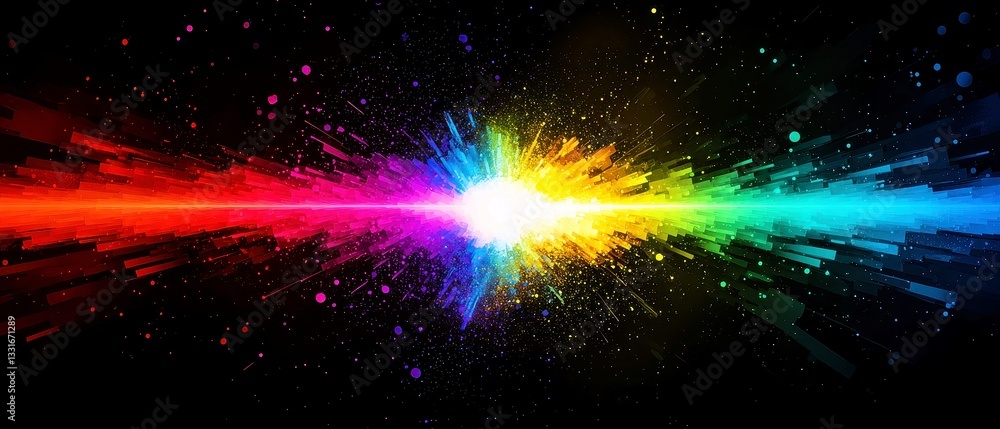 Poster prismatic spectrum burst, a vivid explosion of neon colors radiates from a blinding core, creating a