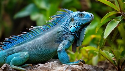 Fototapeta premium A bright blue iguana climbing rocky outcrops on a tropical island, its vivid color contrasting with the natural stone and lush greenery. 