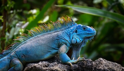 Fototapeta premium A bright blue iguana climbing rocky outcrops on a tropical island, its vivid color contrasting with the natural stone and lush greenery. 