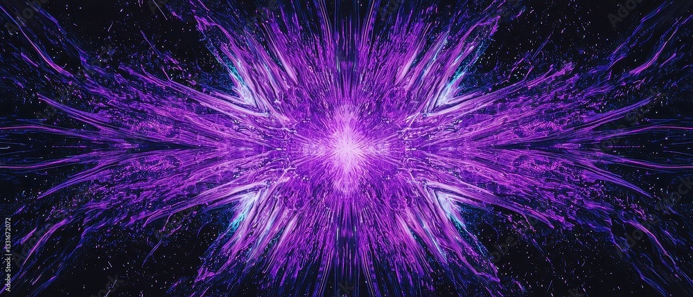 Poster violet-cyan hyperspace burst, a dynamic visual experience with vibrant beams radiating from a violet