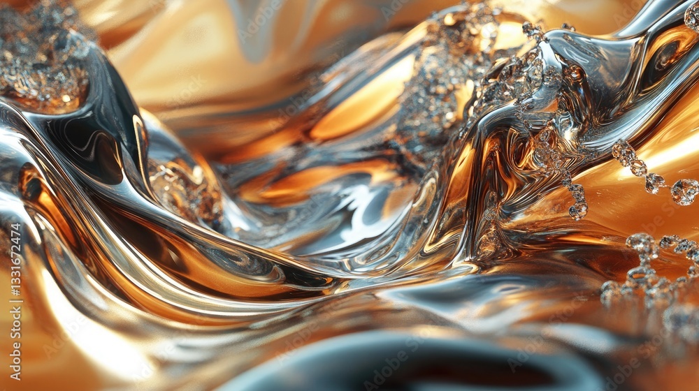 Aufkleber abstract liquid metal surface with bubbles and waves abstract art digital rendering
