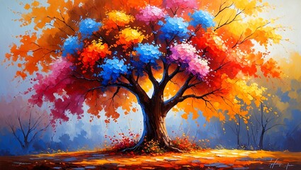 Vibrant autumn tree adorned with colorful flowers