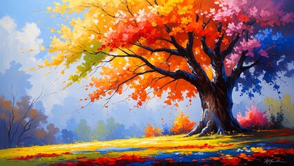 Vibrant autumn tree blooms in oil painting
