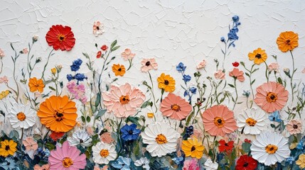 A colorful and textured painting depicting various blooming wildflowers