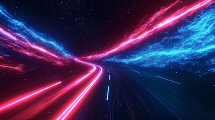 Curved Road with Glowing Lines Under a Starry Sky