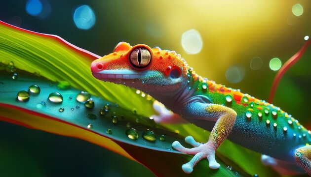 Brightly colored gecko climbing a vibrant green plant, detailed close-up showing tiny feet gripping the leaf in natural habitat.
 - Powered by Adobe
