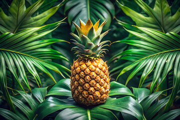 Obraz premium whole pineapple with its crown, surrounded by lush green leaves