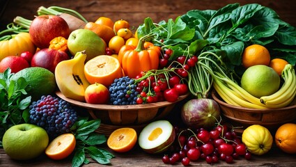 Vibrant fresh fruits and vegetables on wooden table