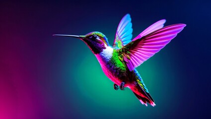 Fototapeta premium Vibrant hummingbird in neon colors against dark background