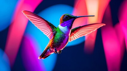 Fototapeta premium Vibrant hummingbird in neon colors against dark background