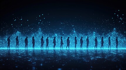 Silhouettes of people in a line, digitally enhanced with glowing blue particles