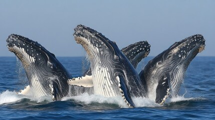 Obraz premium Humpback whales breaching in the ocean. 