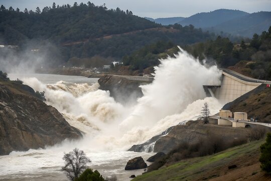 A broken dam collapsing under pressure, with a massive wave of water surging forward.