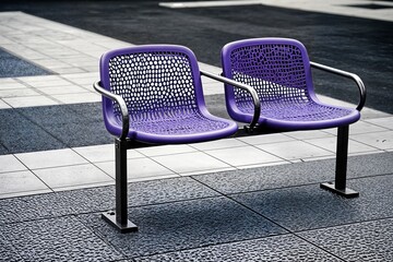 two purple plastic chairs with a textured patterned seat placed on a paved outdoor area dos sillas de plástico de color morado con un asiento de textura estampada colocadas en una zona exterior pavime