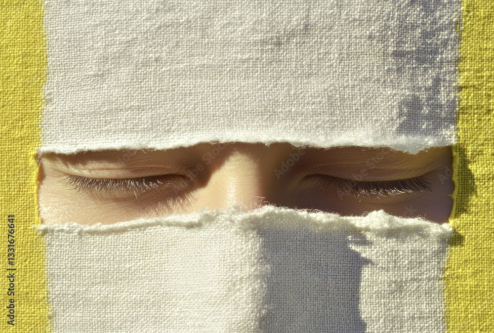 Poster serene face with closed eyes is partially covered by torn fabric, creating peaceful and mysterious a