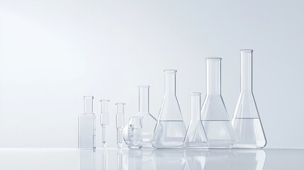 Set of glass laboratory flasks arranged neatly.