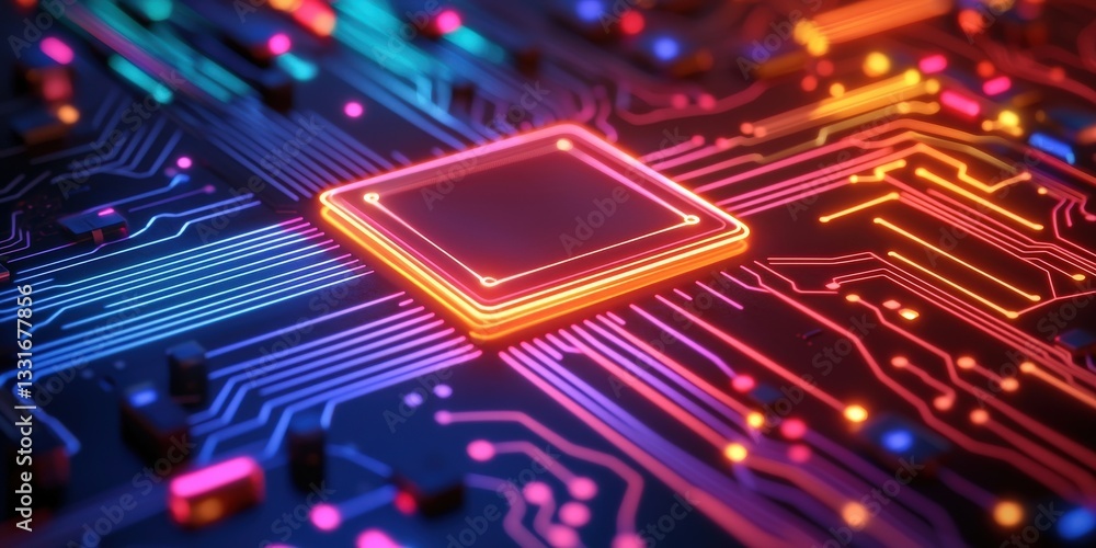 Poster science performance efficiency improvement concept. vibrant circuit board with glowing elements and 