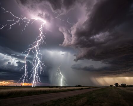 Lightning strikes illuminate a dramatic storm over a rural landscape.