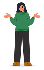 A young woman with dark hair, dressed in black casual clothes, spread hand shrugging shoulders looking puzzled. Apologize or say sorry, regret for what happen asking for forgiveness concept. Flat